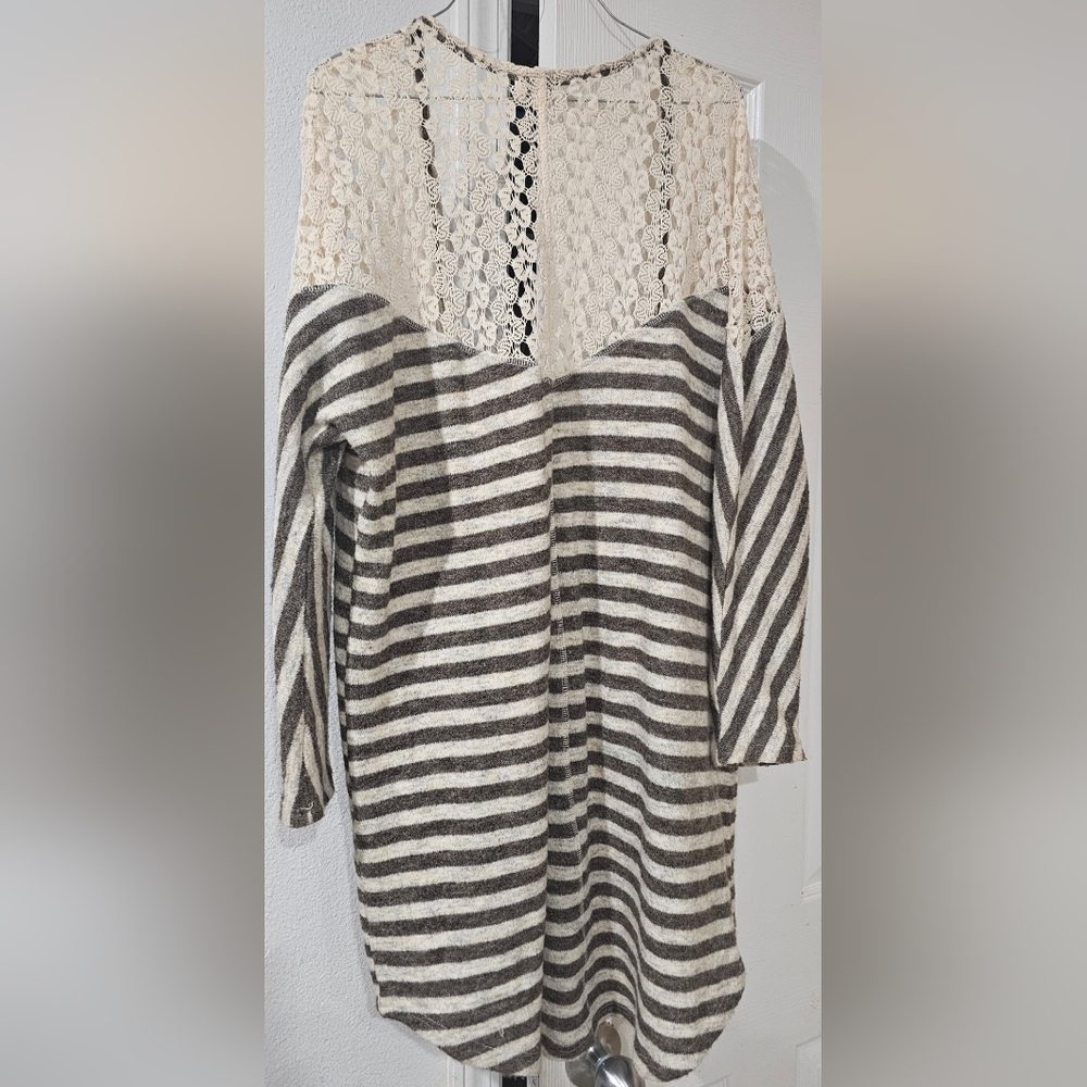 Umgee Beige and Dark Brown Striped Sweater with Crochet Detail